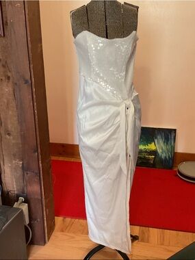 Selfie Leslie White Strapless Sequin Bodice Wrap Skirt Gown